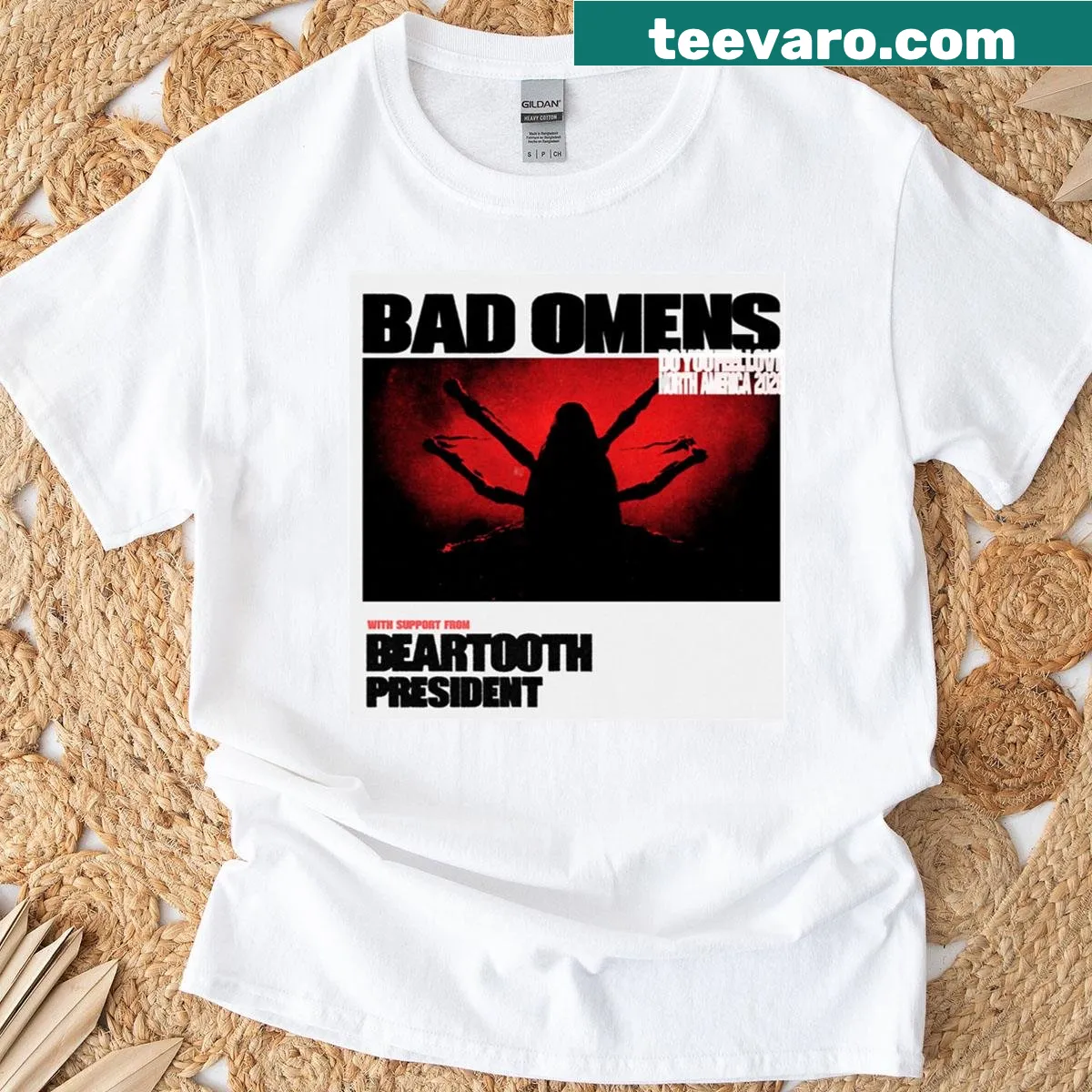 Bold design for Bad Omens Tour 2026 on t-shirt — on a men's t-shirt