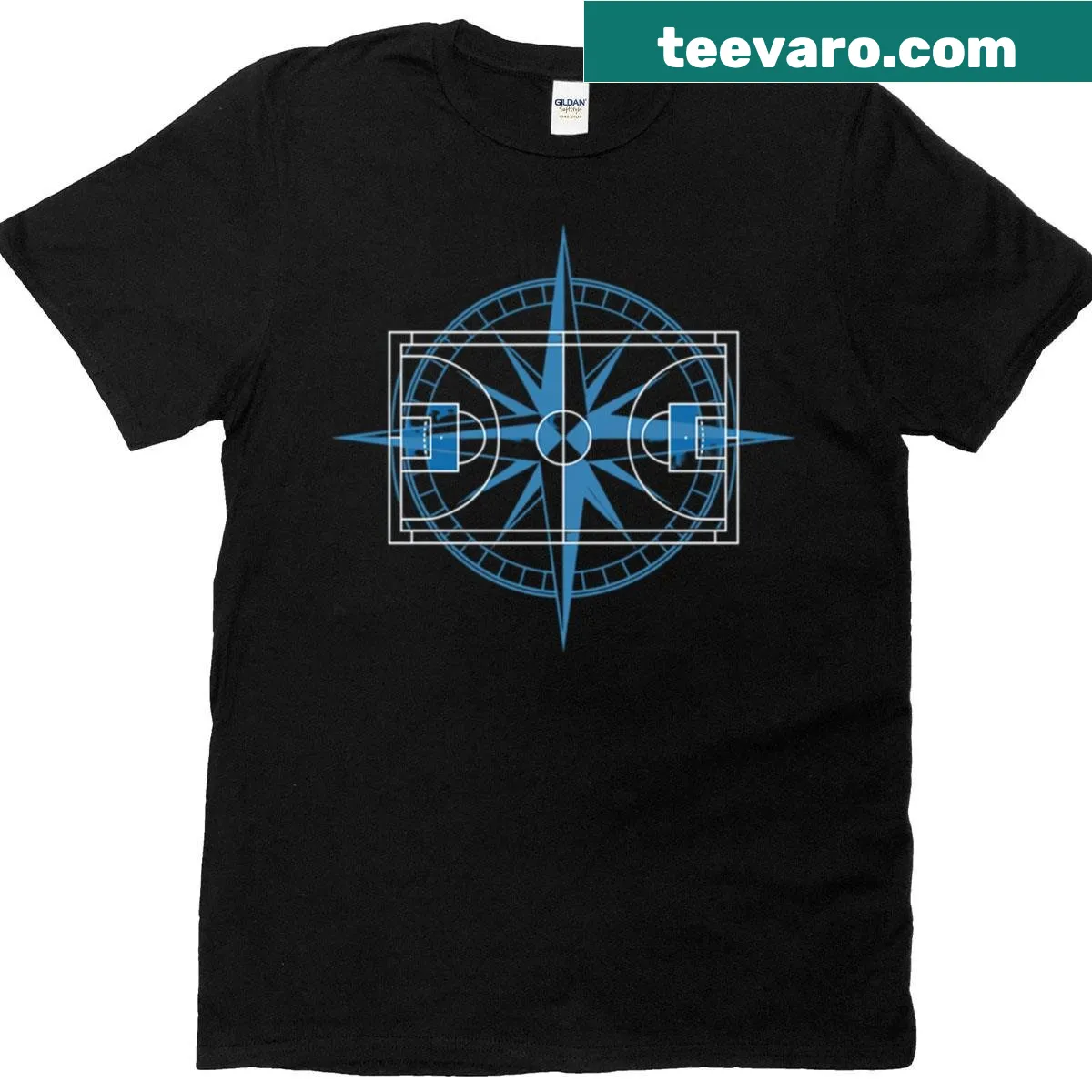 Minimalist T-shirt with a basketball court compass design — on a men's t-shirt