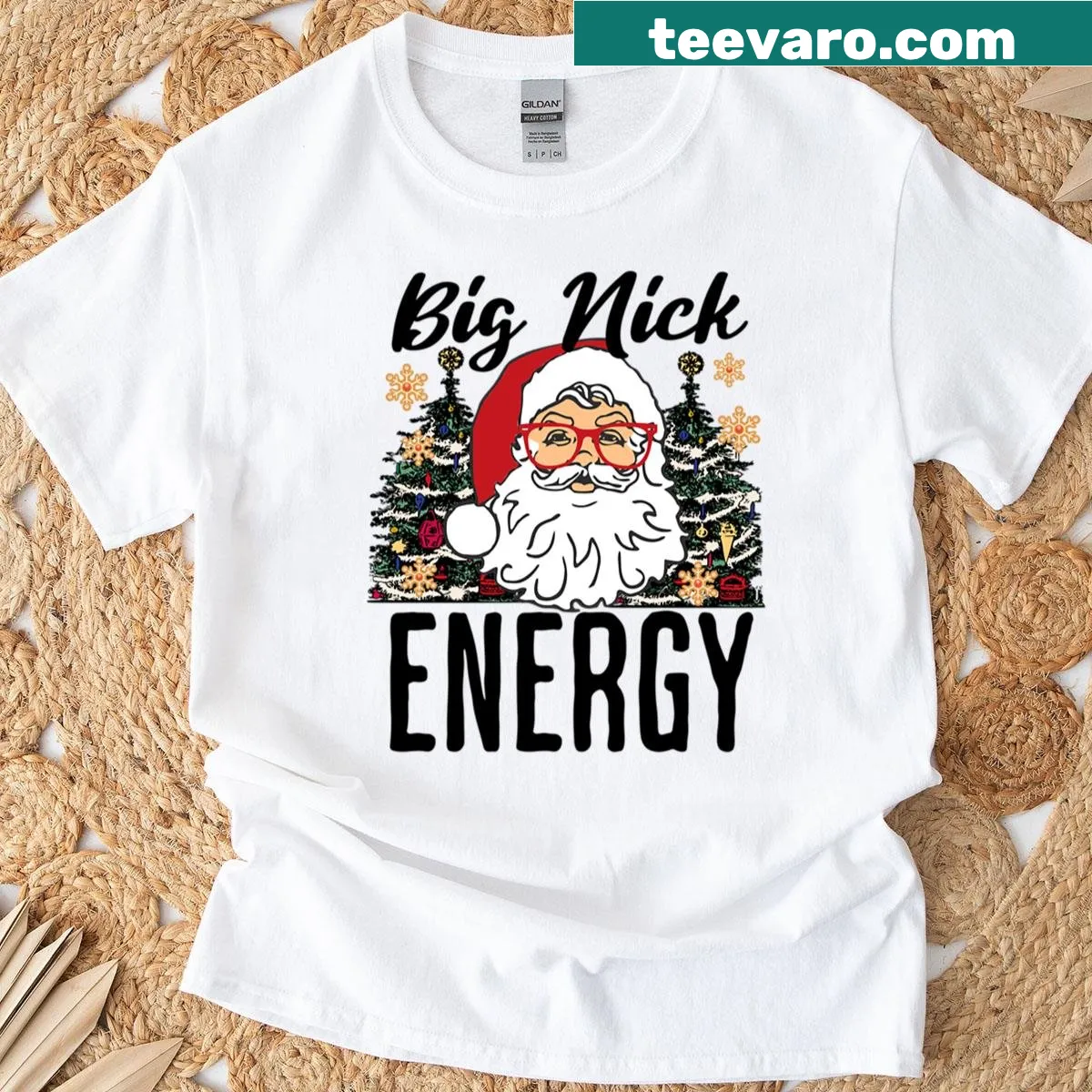Funny Christmas t-shirt with text 'Big Nick Energy' — on a men's t-shirt