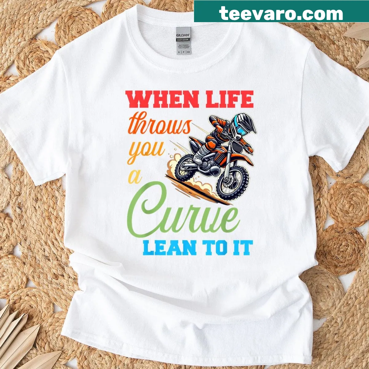 Biker-themed t-shirt with humorous text about life and curves — on a men's t-shirt