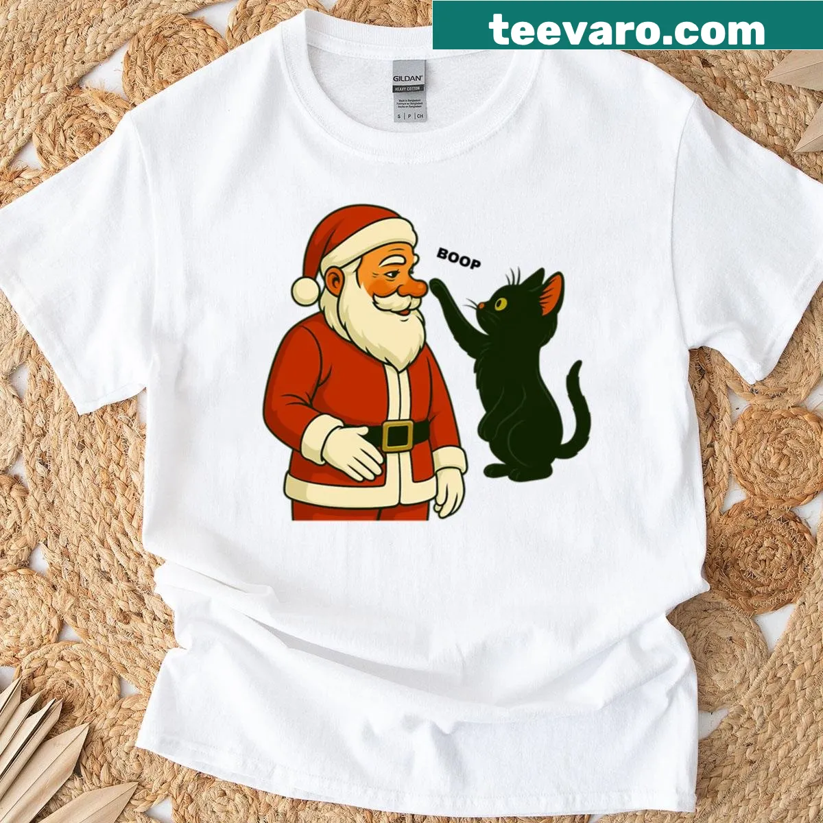 Illustration of a black cat booping Santa on a Christmas T-shirt — on a men's t-shirt