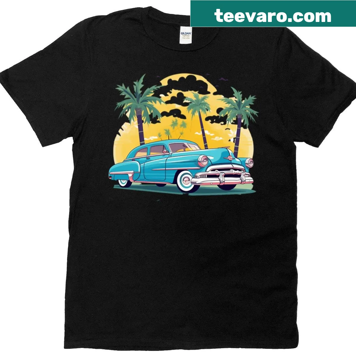 Retro coastal art of a blue car by the beach on a t-shirt — on a men's t-shirt