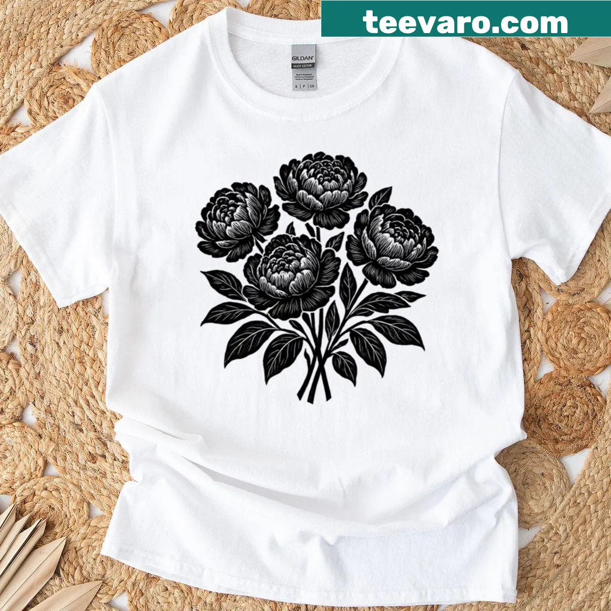 Vintage style boxy t-shirt with boho botanical design — on a men's t-shirt