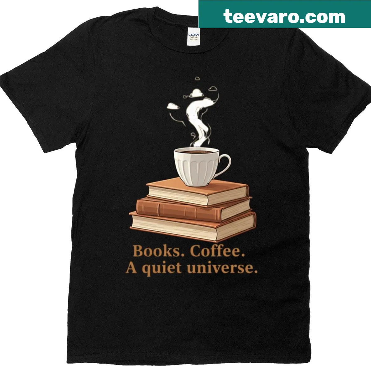 Minimalist T-shirt featuring books and coffee design — on a men's t-shirt