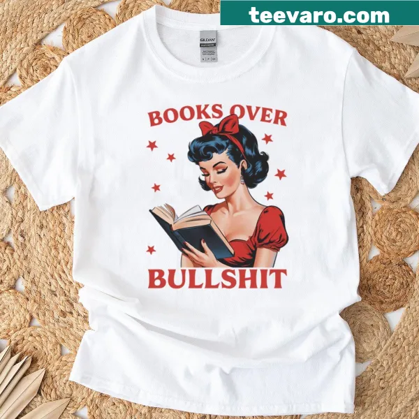 Vintage-style t-shirt with 'Books Over Bullshit' graphic