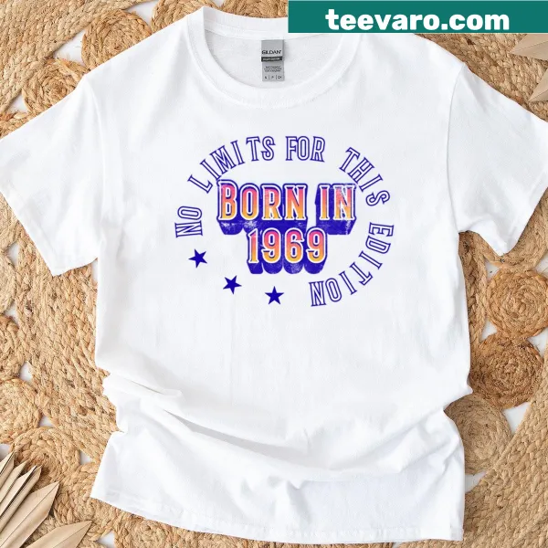 T-shirt with 'Born In 1969 No Limits' text and stars design