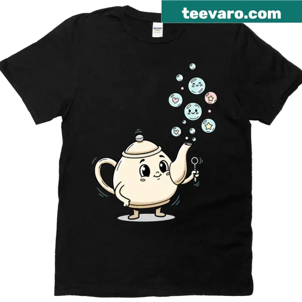 Cartoon teapot blowing bubbles with humorous text on a t-shirt