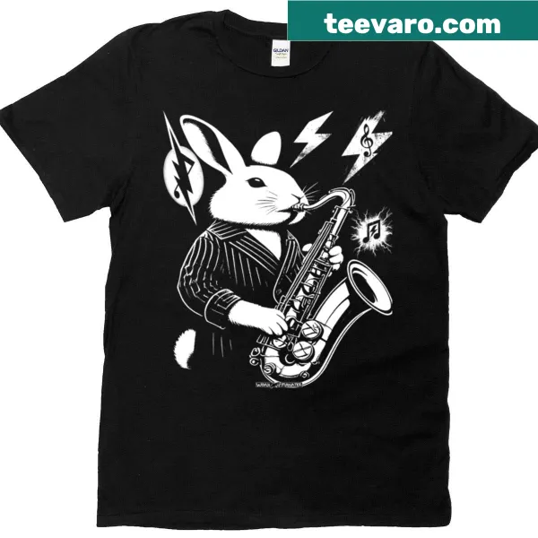 Whimsical bunny playing saxophone graphic t-shirt