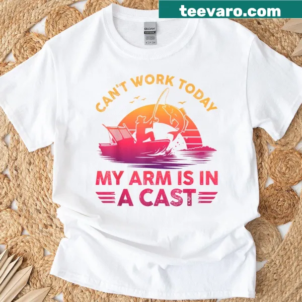 Funny t-shirt with text about a fishing injury and a cast