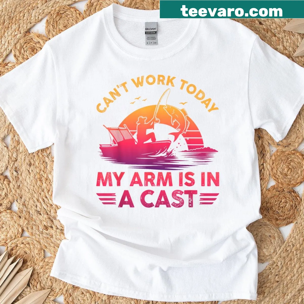 Funny t-shirt with text about a fishing injury and a cast — on a men's t-shirt