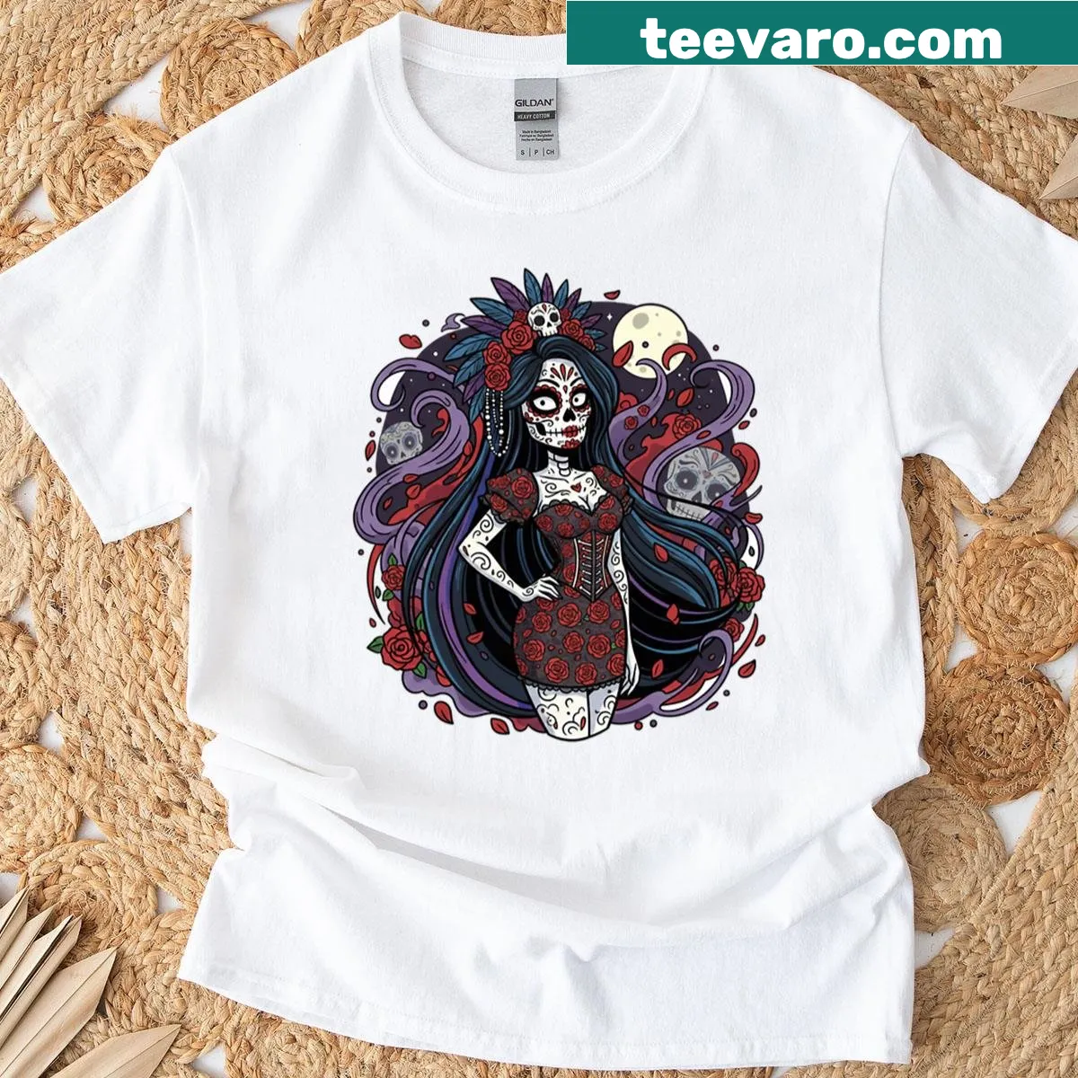 Playful cartoon T-shirt featuring a gothic pinup witch design. — on a men's t-shirt