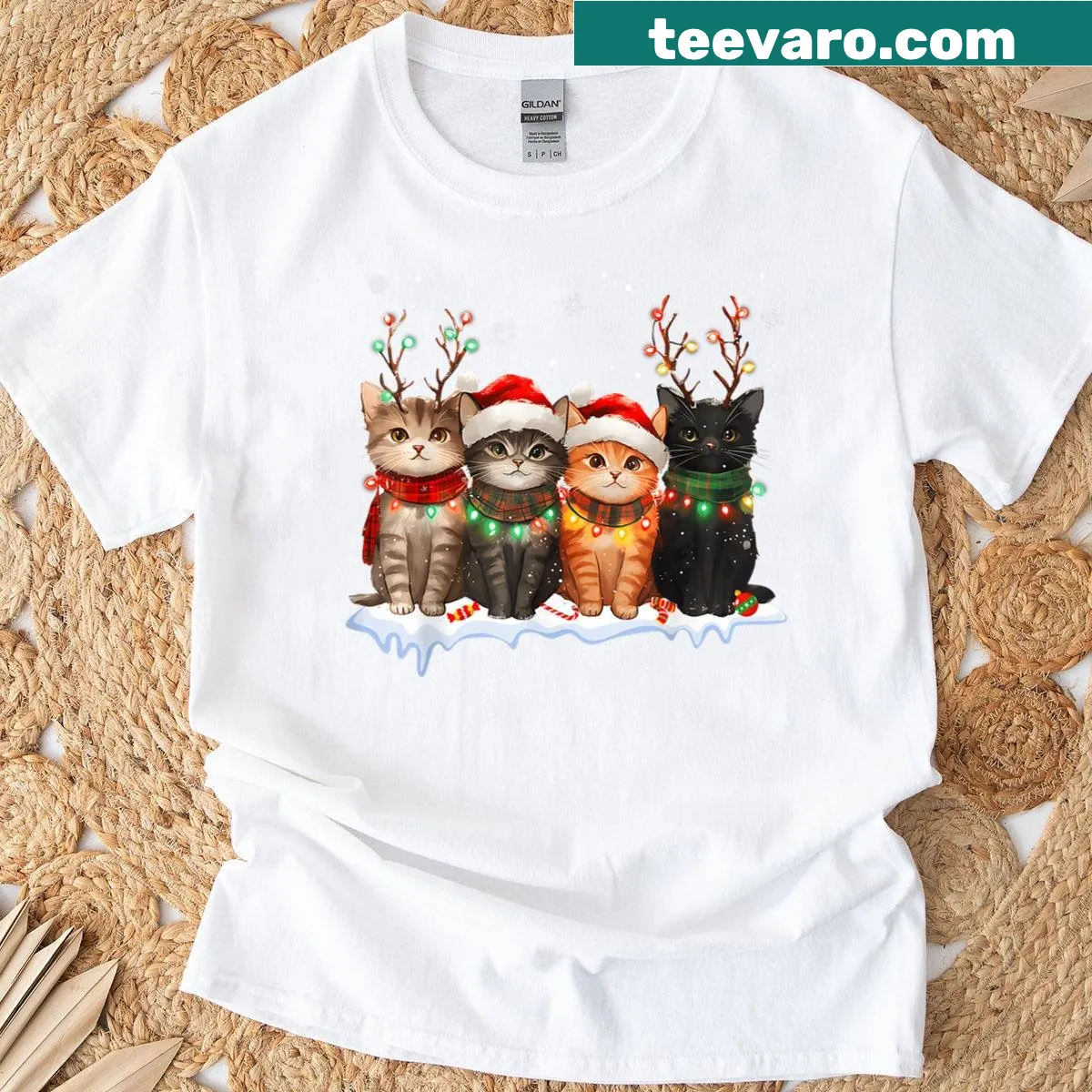 Cute cat graphic dressed as a reindeer on a Christmas t-shirt — on a men's t-shirt
