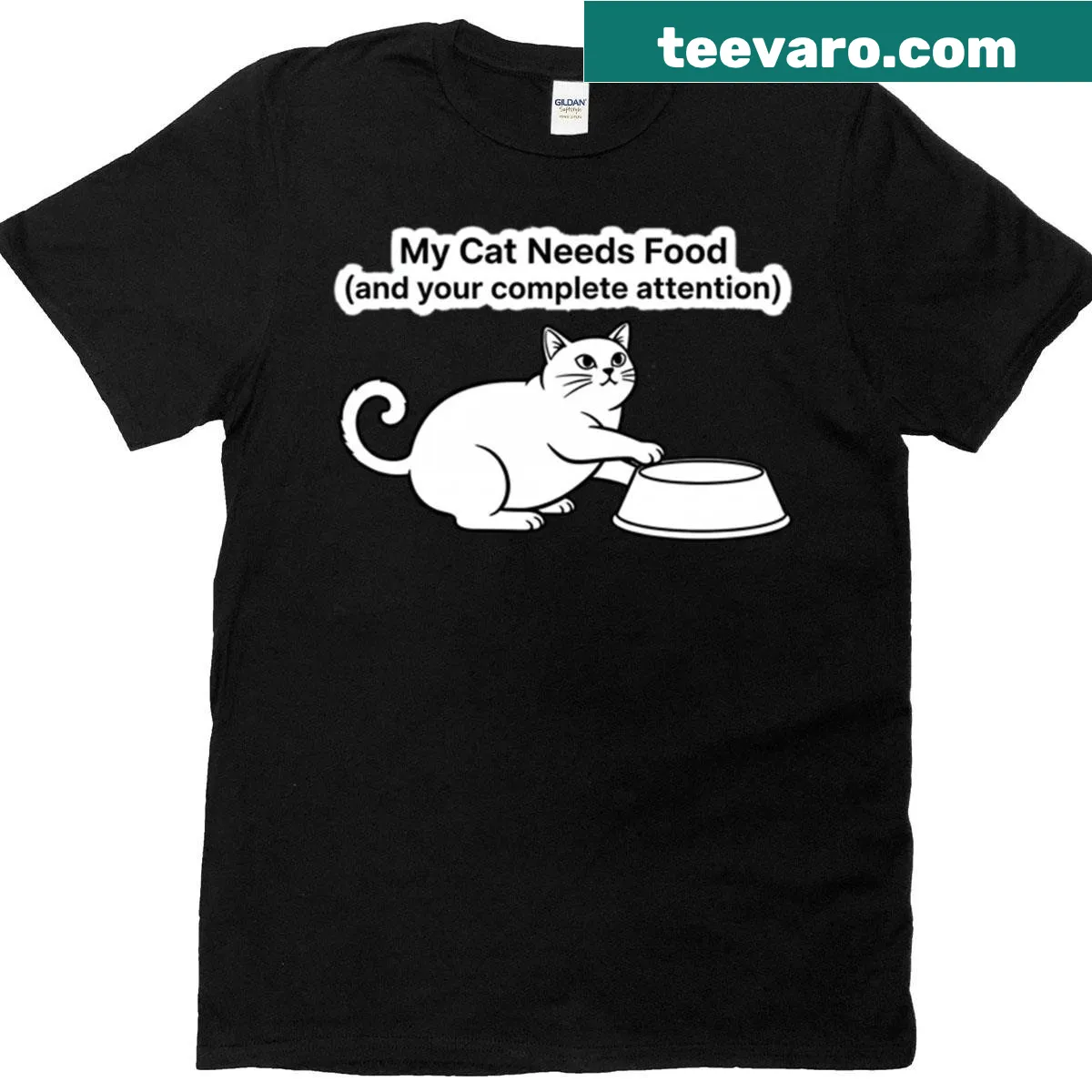 Minimalist design stating 'Cat Needs Food' — on a men's t-shirt