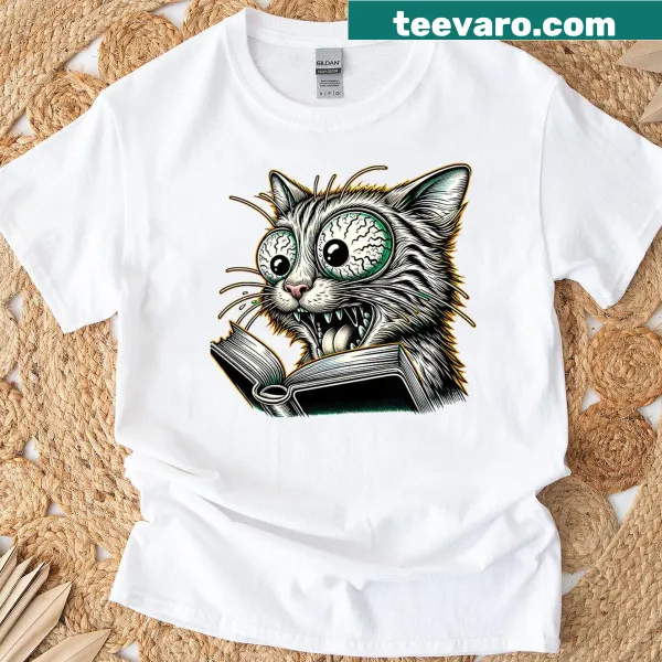 Whimsical illustration of a cat reading a book on a T-shirt