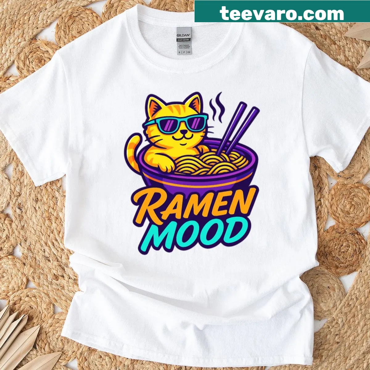 Illustration of a cat relaxing in a bowl of ramen on a T-shirt — on a men's t-shirt