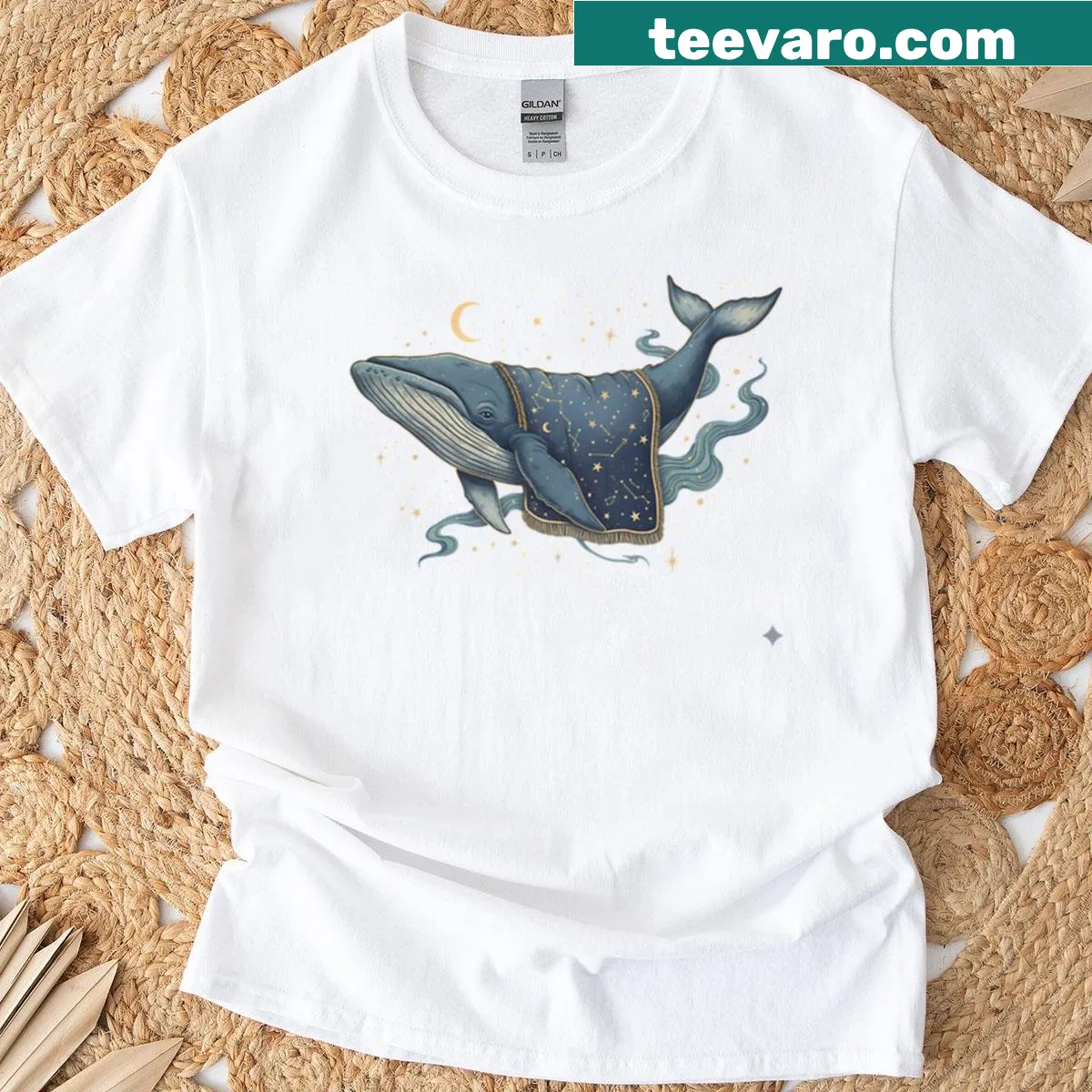 Oversized T-shirt with a whale illustration among constellations — on a men's t-shirt