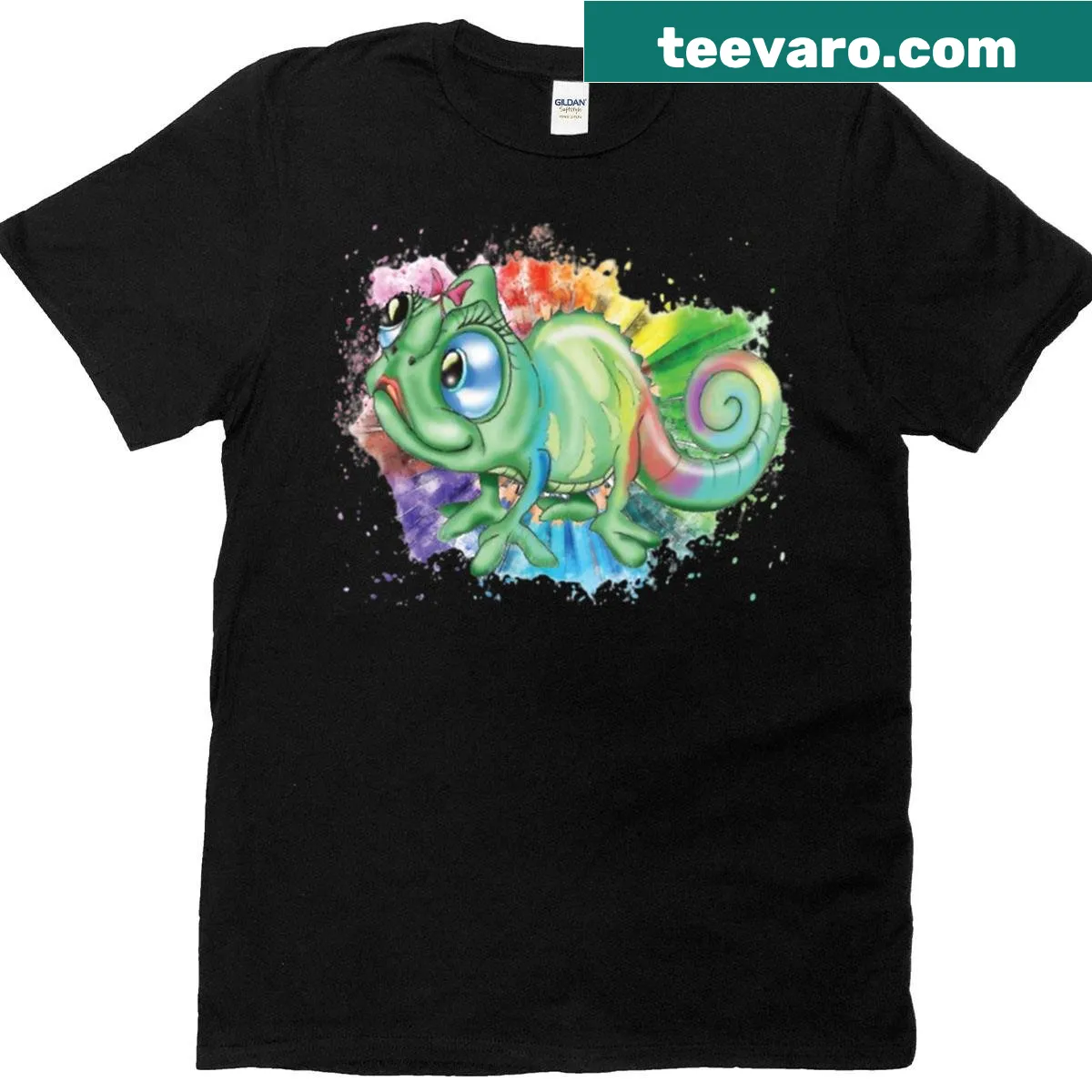 T-shirt featuring a colorful chameleon design — on a men's t-shirt
