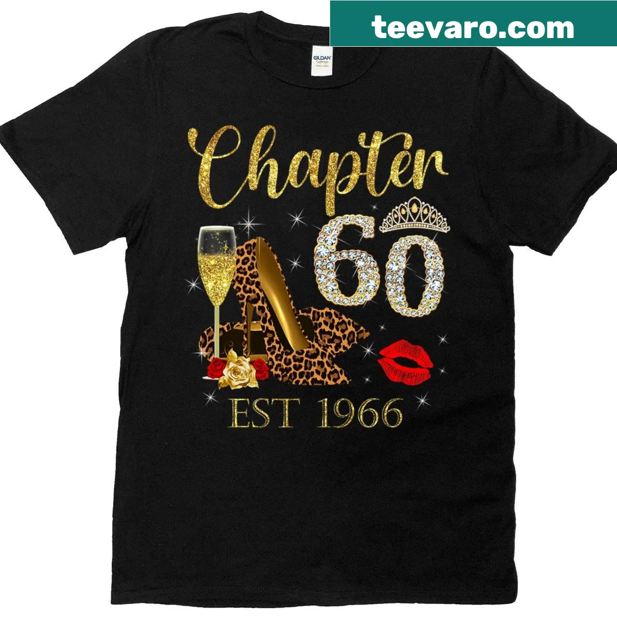 60th Birthday t-shirt featuring wine and leopard heels graphic — on a men's t-shirt