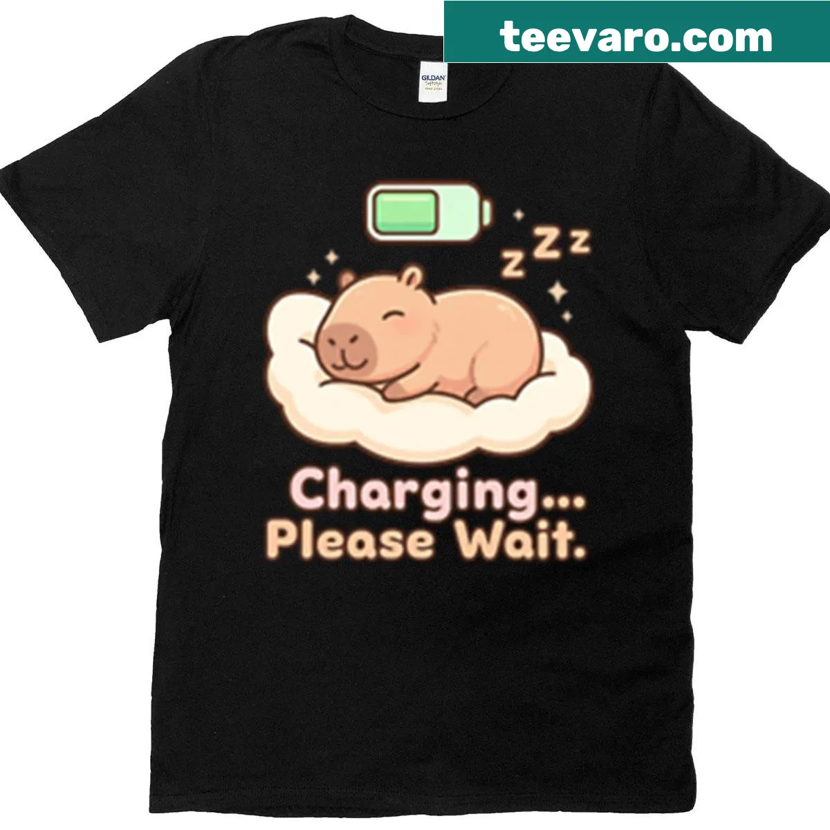 Kawaii capybara with a low battery symbol on a t-shirt — on a men's t-shirt