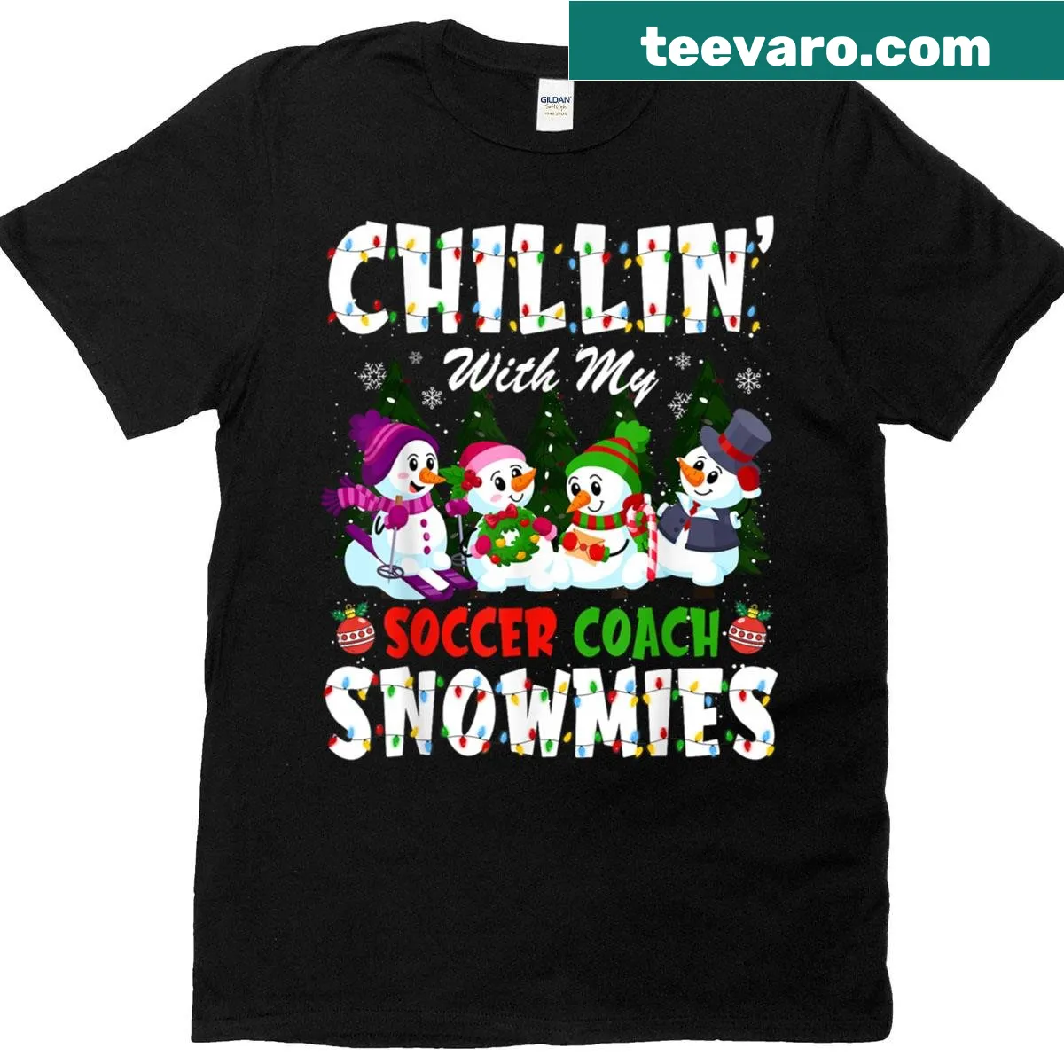 Christmas-themed t-shirt featuring snowmen and soccer elements — on a men's t-shirt
