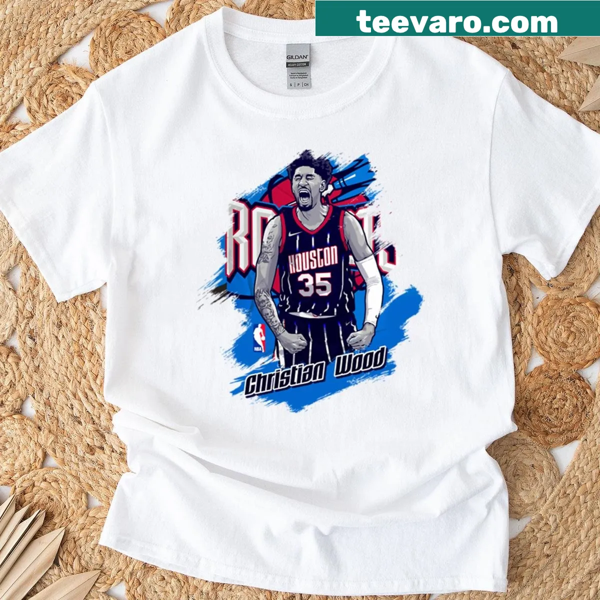Graphic portrait of Christian Wood on a Houston Rockets t-shirt — on a men's t-shirt
