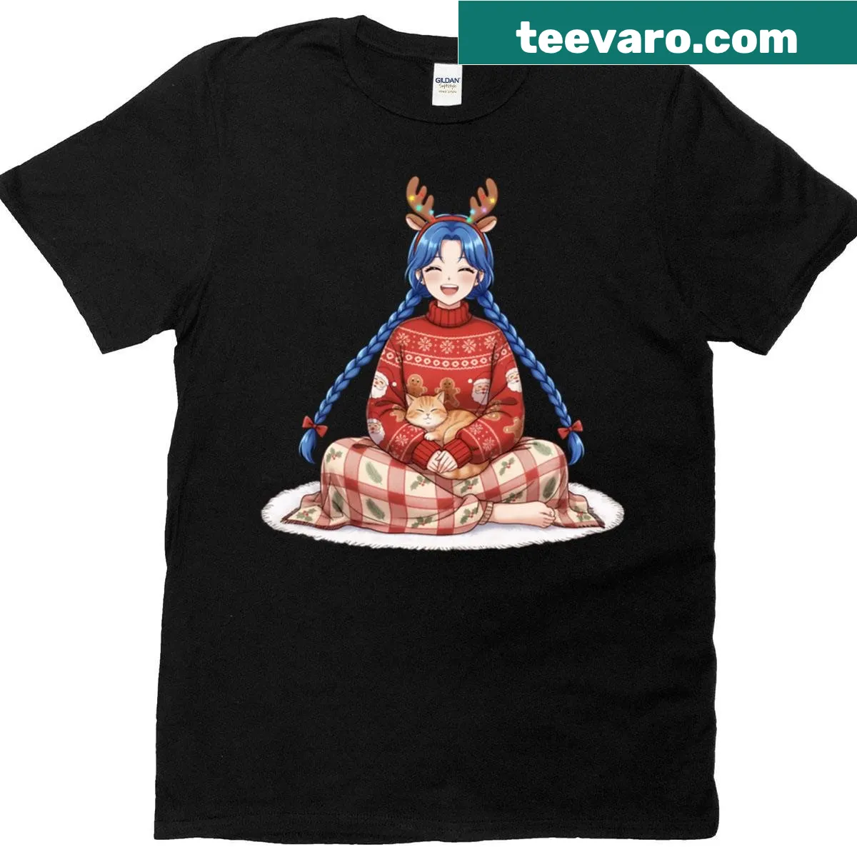 Anime girl with blue braids and orange cat on Christmas T-shirt — on a men's t-shirt