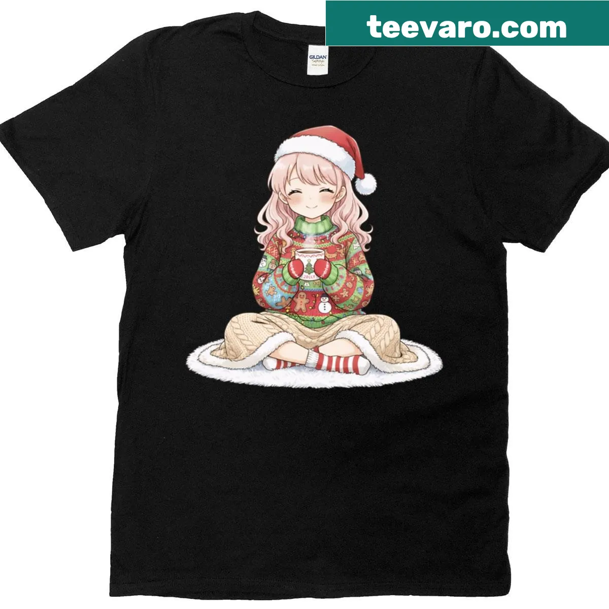 Christmas T-shirt with an anime girl holding a cup of coffee. — on a men's t-shirt
