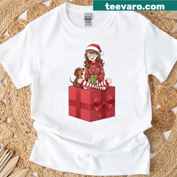 Christmas-themed anime girl with dachshund illustration t-shirt