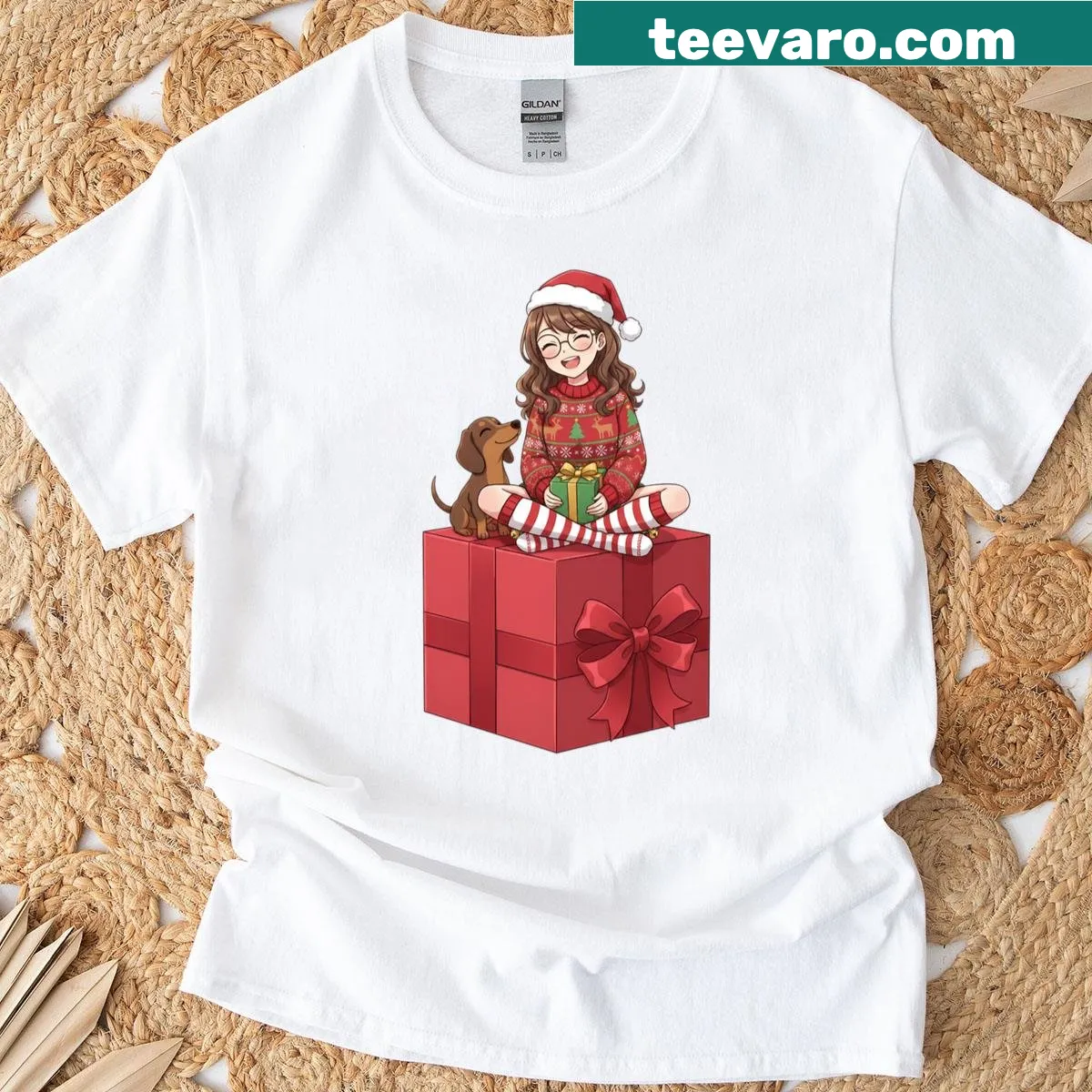 Christmas-themed anime girl with dachshund illustration t-shirt — on a men's t-shirt