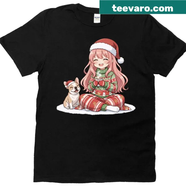Anime girl with a Frenchie drinking coffee on a Christmas t-shirt