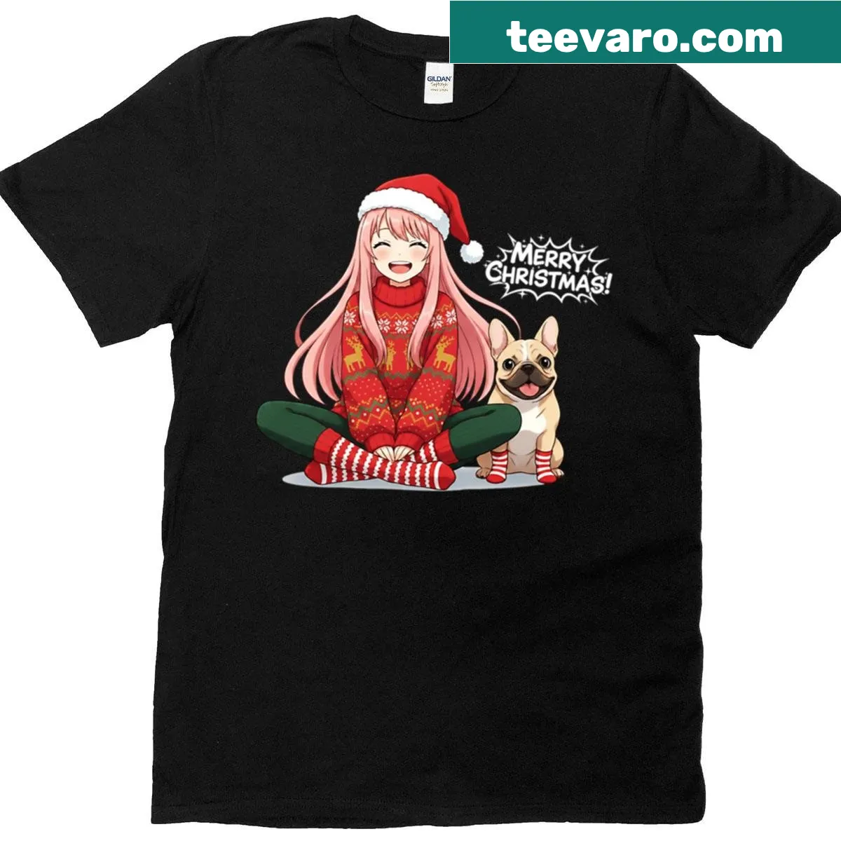 Cute Christmas T-shirt with an anime girl and a French Bulldog graphic. — on a men's t-shirt