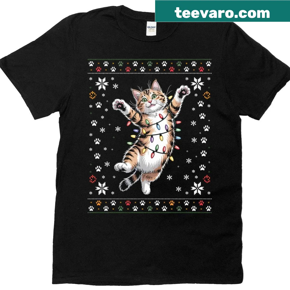 Cats tangled in Christmas lights on a T-shirt — on a men's t-shirt