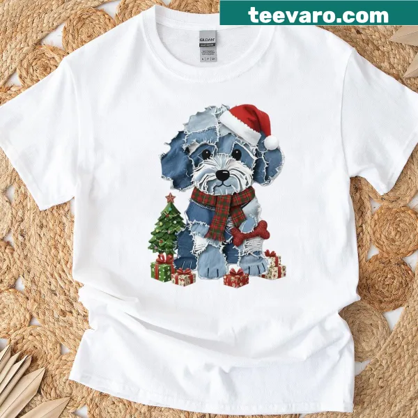 Patchwork design of a dog with Santa hat and Christmas tree
