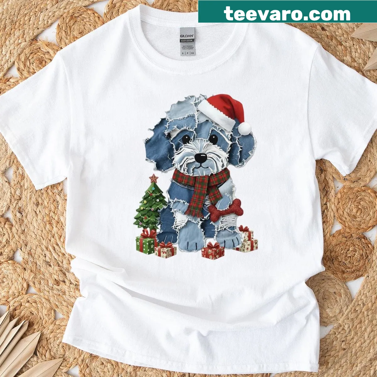 Patchwork design of a dog with Santa hat and Christmas tree — on a men's t-shirt