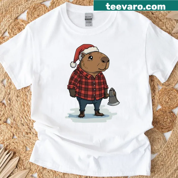 Holiday T-shirt featuring a lumberjack capybara illustration