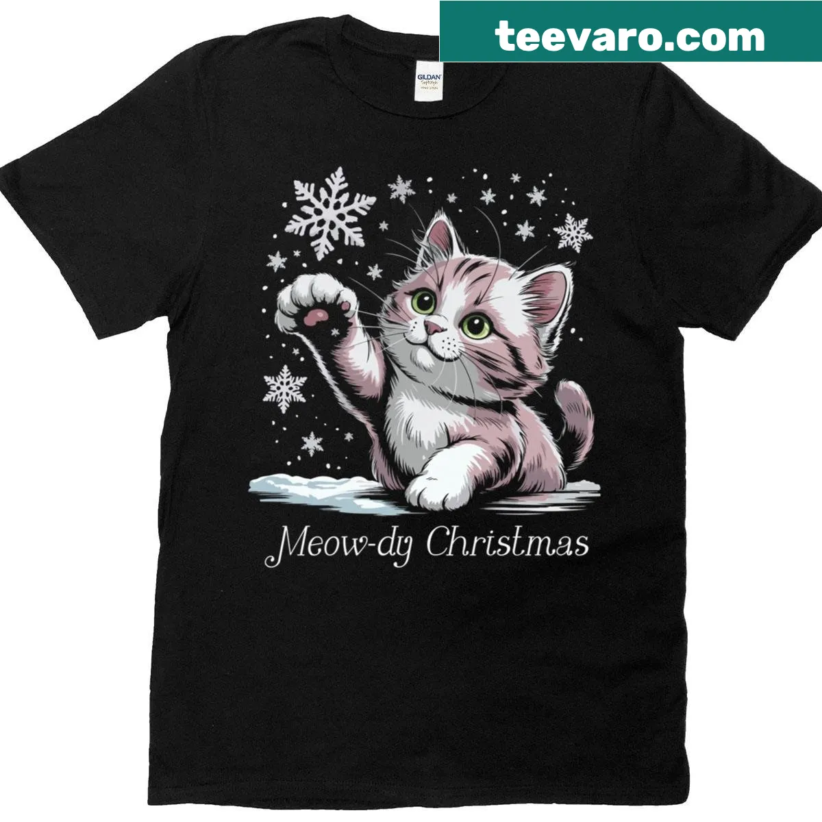 Cute T-shirt with a pink cat and snowflake design for Christmas. — on a men's t-shirt