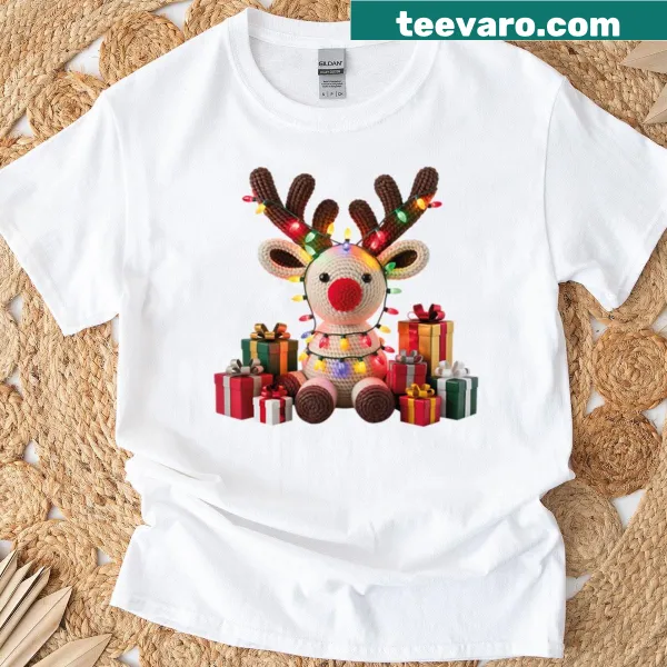 Reindeer tangled in lights on a festive holiday t-shirt