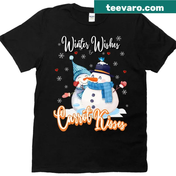 Whimsical snowman illustration with kisses on a Christmas-themed t-shirt