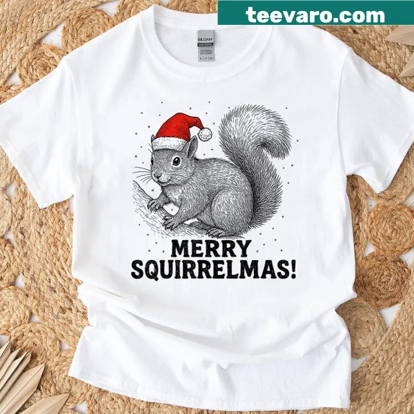 Cute Christmas T-shirt with a squirrel in a Santa hat
