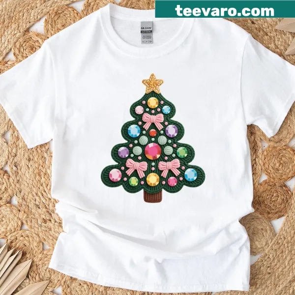 Embroidered Christmas tree with jewels and bow design on t-shirt