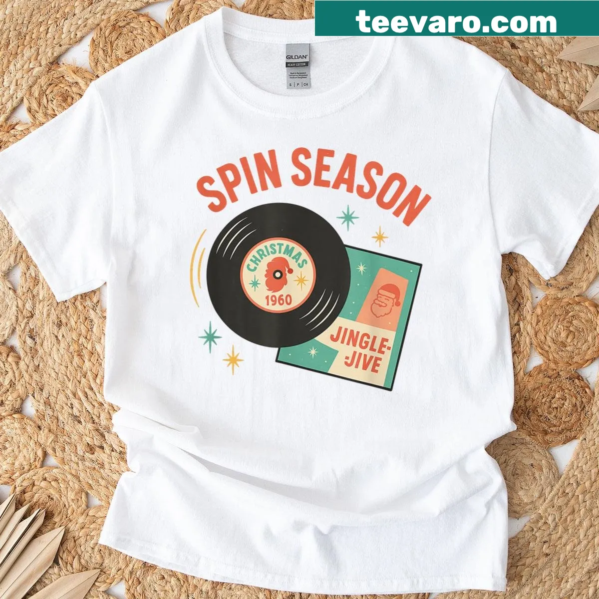 Retro holiday shirt featuring a vinyl record graphic for Christmas. — on a men's t-shirt