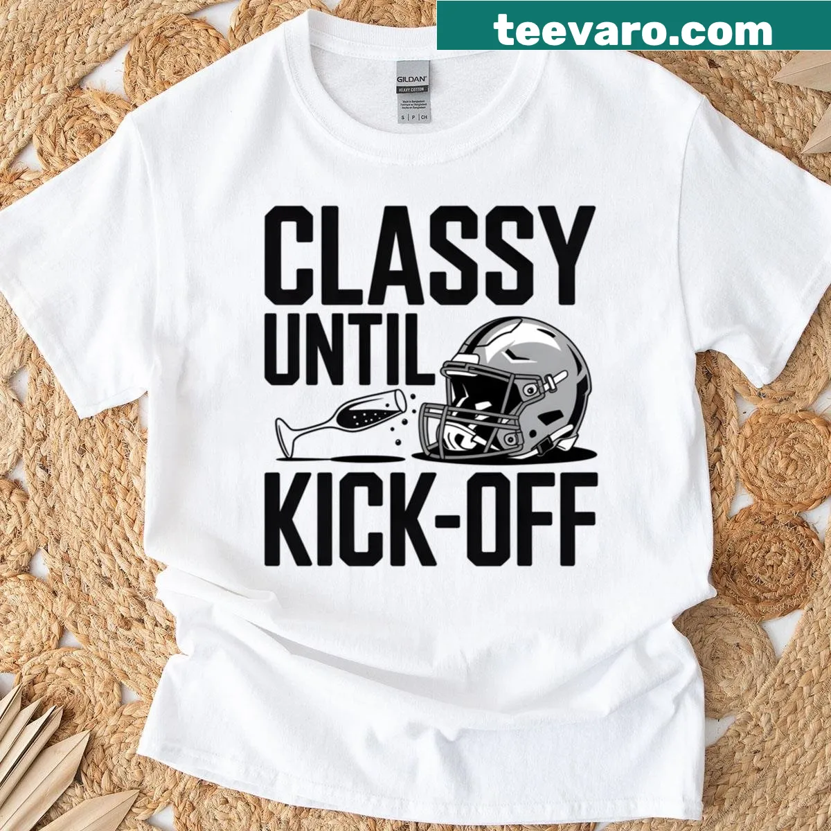 Playful football mom T-shirt with 'Classy Until Kick-off' text — on a men's t-shirt