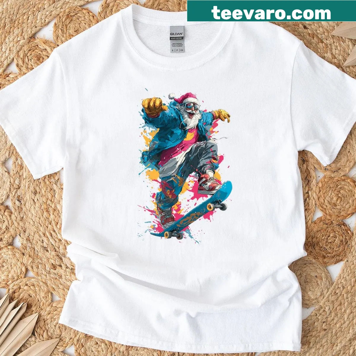 Santa skating on a skateboard graphic t-shirt for the holiday season — on a men's t-shirt