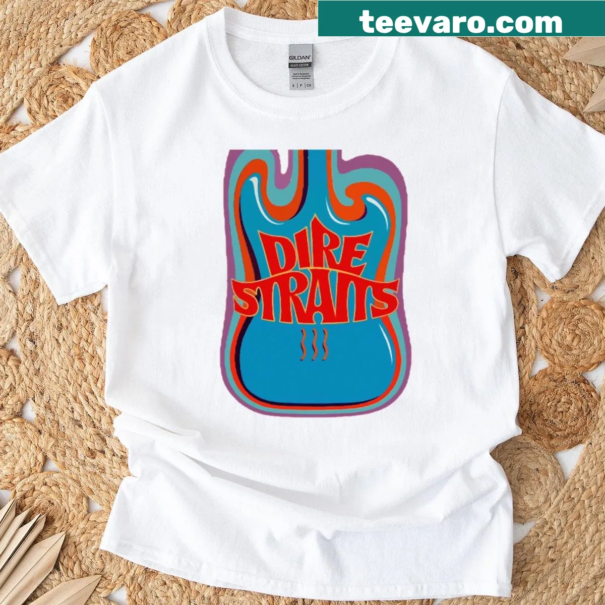 Oversized T-shirt featuring Dire Straits Brothers In Arms design with coastal view — on a men's t-shirt