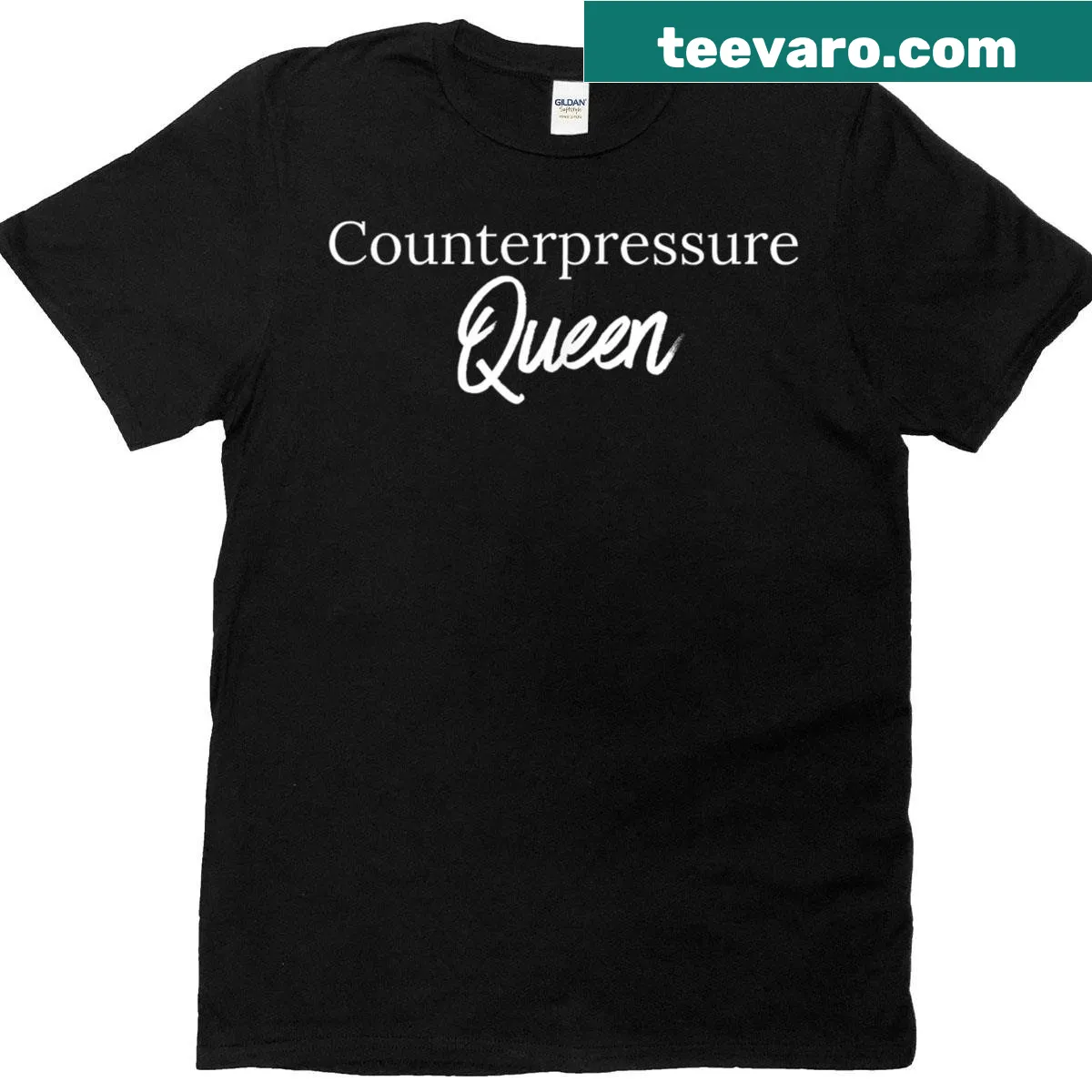 Typography design celebrating doulas with Counterpressure Queen message — on a men's t-shirt