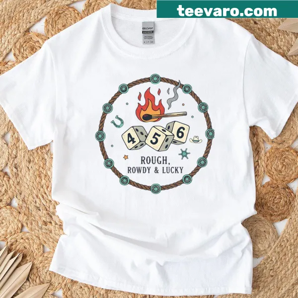 Graphic tee featuring cowboy dice and flames design
