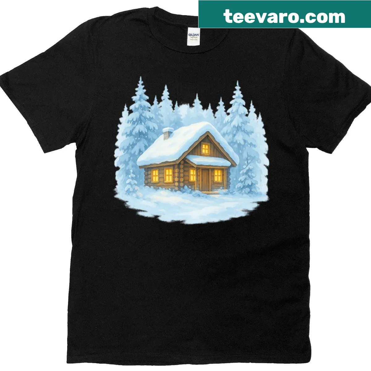 Winter cabin illustration T-shirt with cozy forest scene — on a men's t-shirt