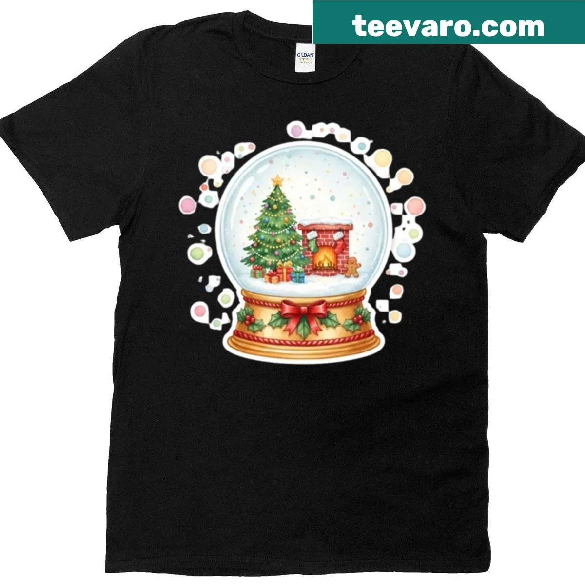 Watercolor snow globe with Christmas tree and fireplace — on a men's t-shirt