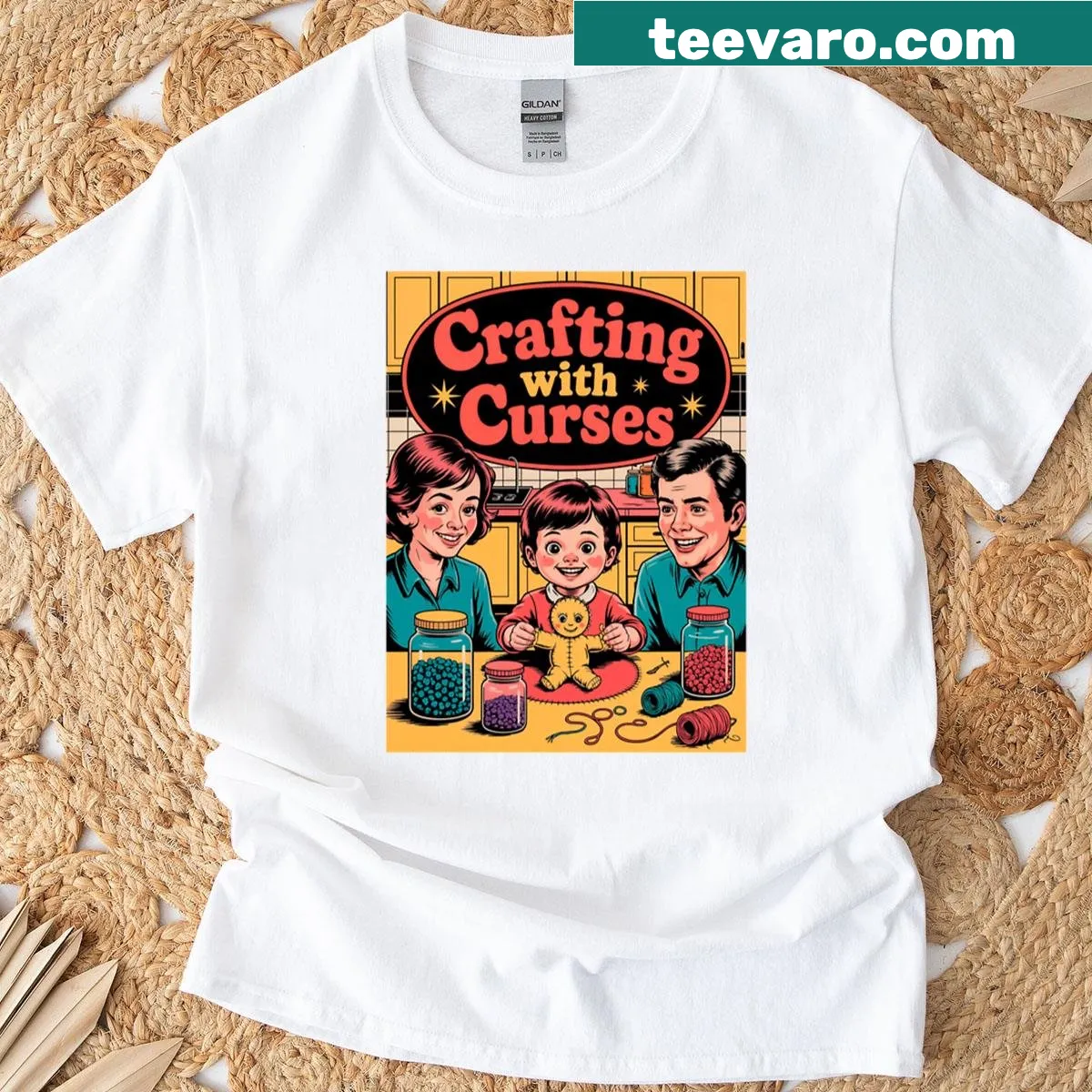 Crafting With Curses t-shirt featuring playful typography design — on a men's t-shirt