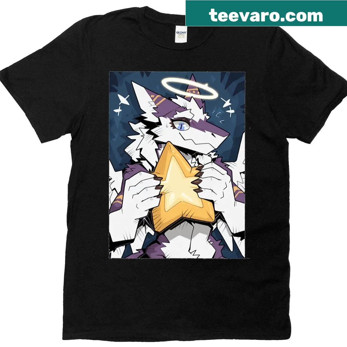 T-shirt featuring an illustration of an angelic sergal with a golden star — on a men's t-shirt